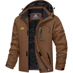 Men's Brown Water Resistant Fleece Windproof Warm Jacket With Multi-Pockets